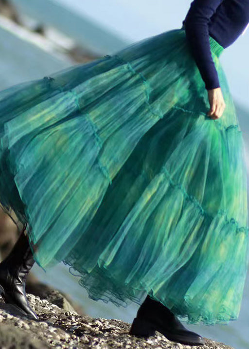 Green Ruffled Elastic Waist Tulle Skirt Spring