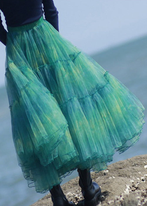 Green Ruffled Elastic Waist Tulle Skirt Spring