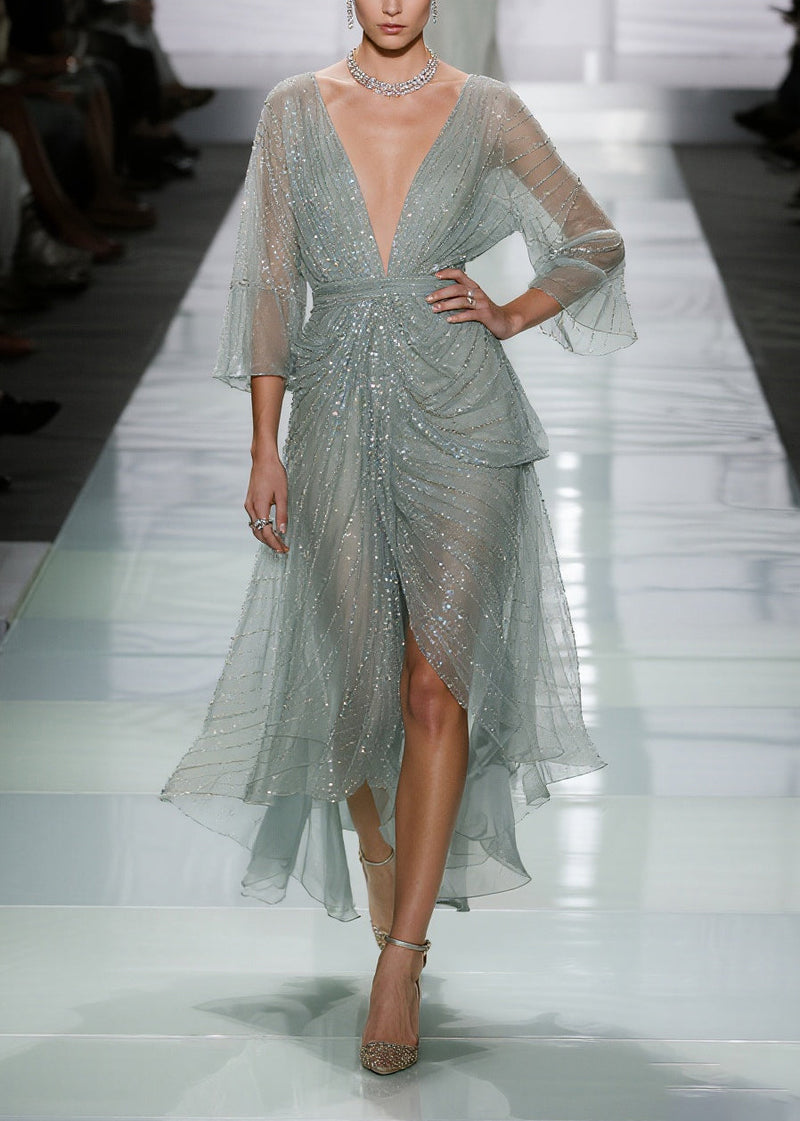 Green Sequins Side Open Tulle Long Dress Summer