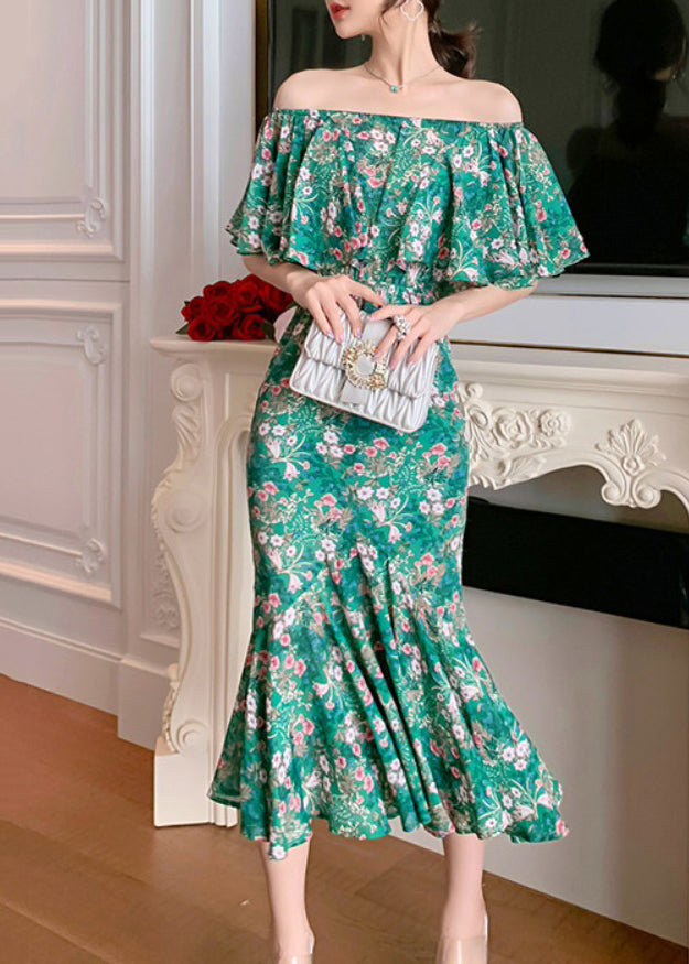 Green Slash Neck Print Long Fishtail Dress Short Sleeve