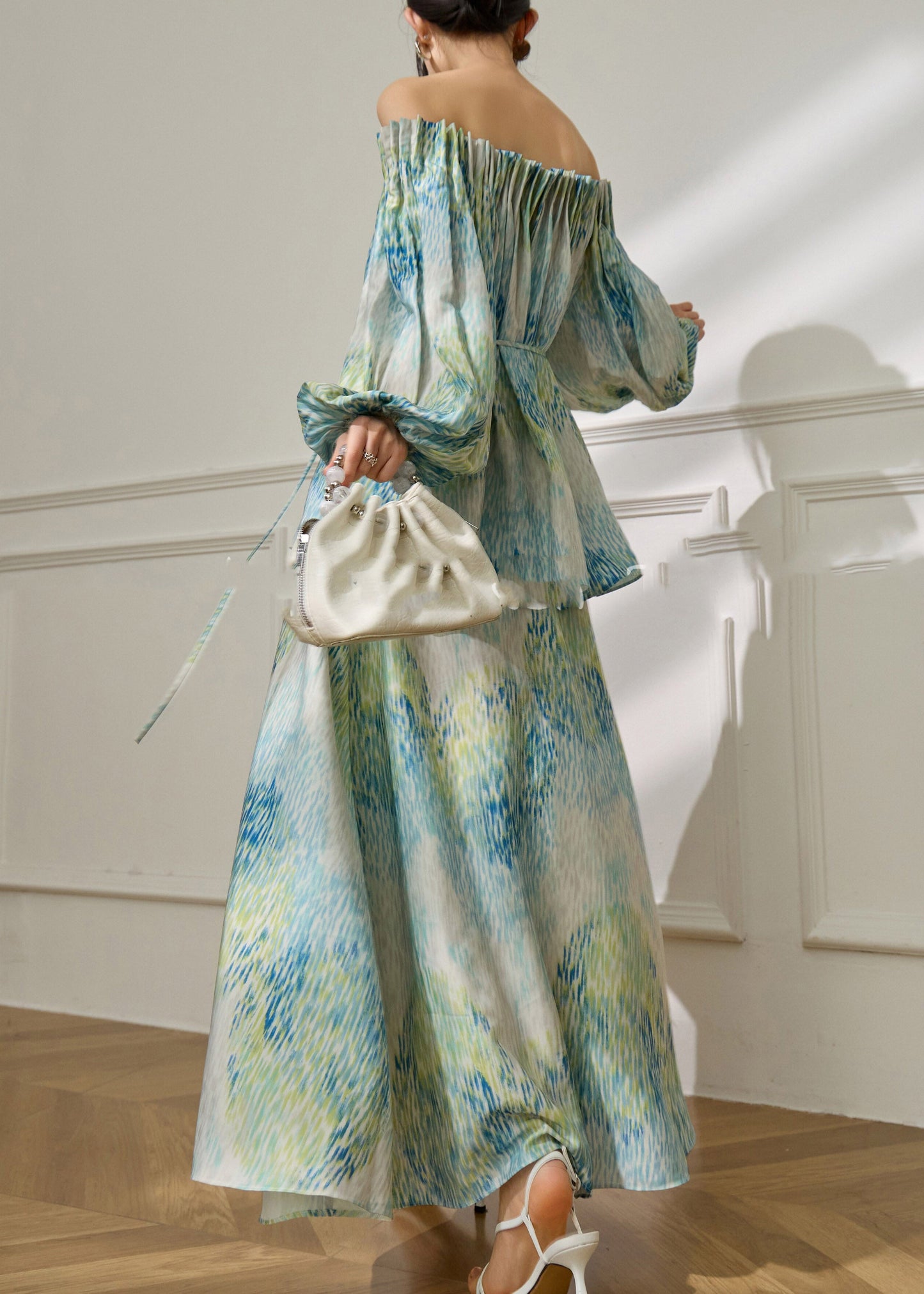 Green Slash Neck Tie Waist Top and Maxi Skirts Spring