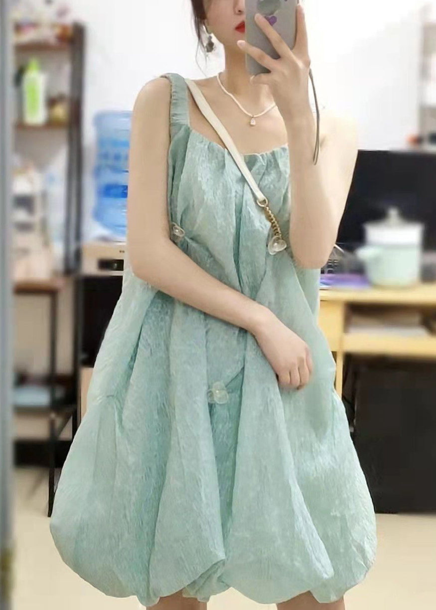 Green Square Collar Original Design Cotton Spaghetti Strap Dress Sleeveless