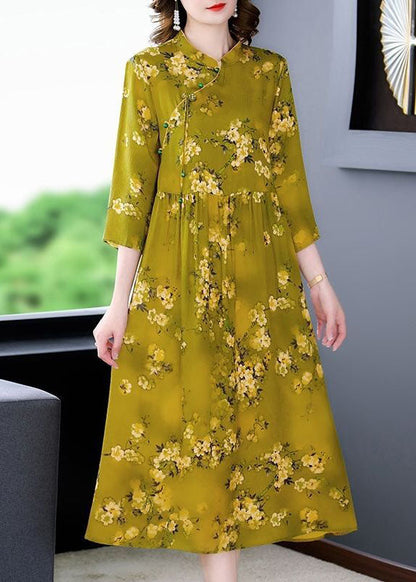 Green Stand Collar Print Silk Cheongsam Dress Bracelet Sleeve
