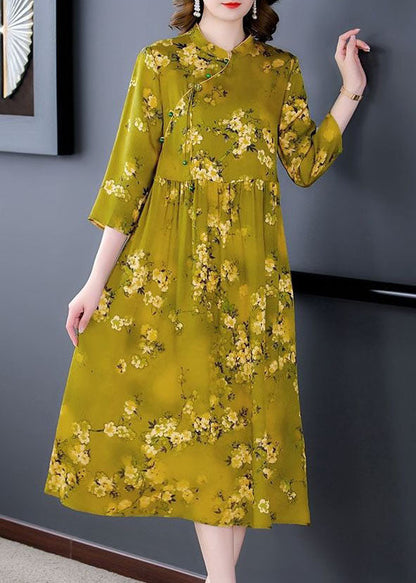Green Stand Collar Print Silk Cheongsam Dress Bracelet Sleeve