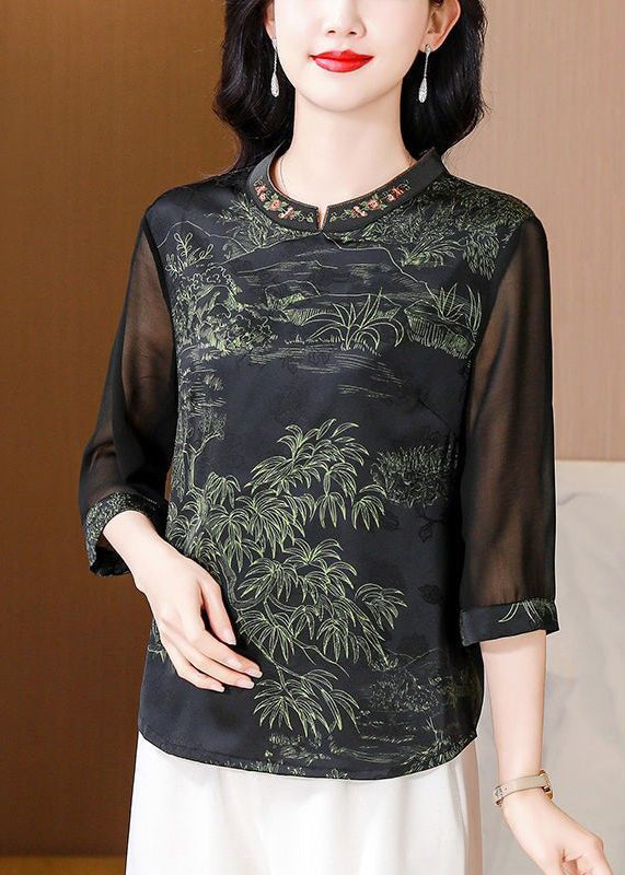 Green Stand Collar Print Silk Top Half Sleeve