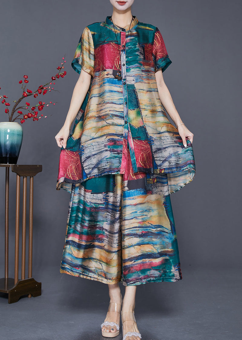 Green Stand Collar Tie Dye Silk 2 Piece Outfit Summer