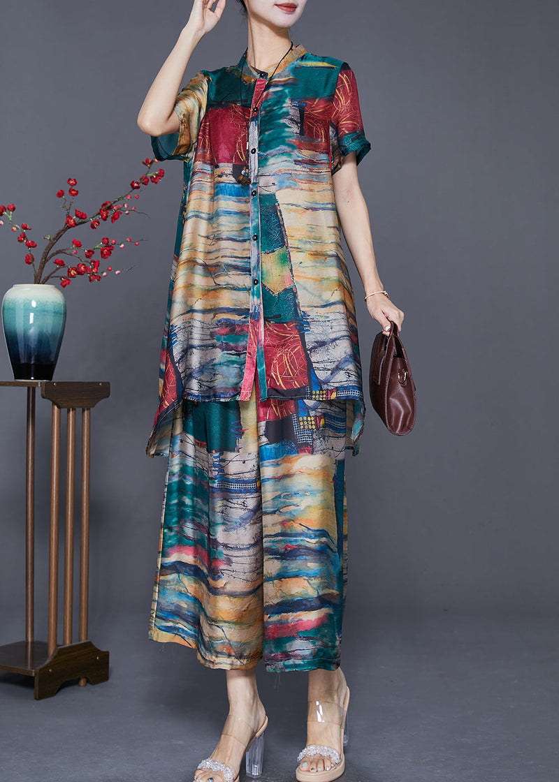 Green Stand Collar Tie Dye Silk 2 Piece Outfit Summer
