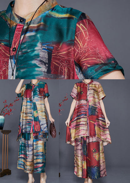 Green Stand Collar Tie Dye Silk 2 Piece Outfit Summer