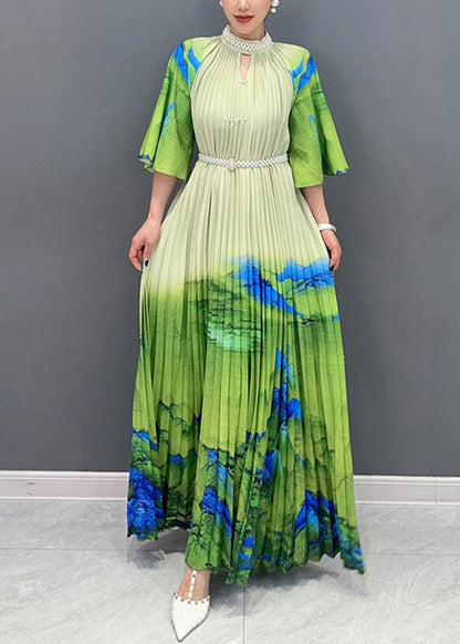 Green Turtleneck Print Tie Waist Maxi Dress Half Sleeve
