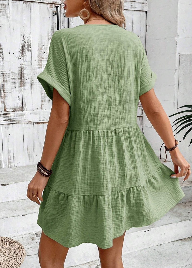 Green V Neck Cotton a Line Dresses Summer