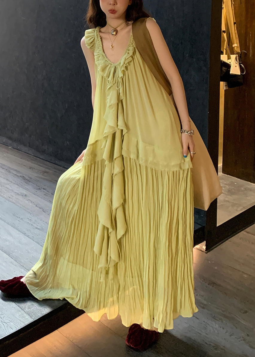 Green V Neck Lace Up Wrinkled Chiffon Long Dress Sleeveless