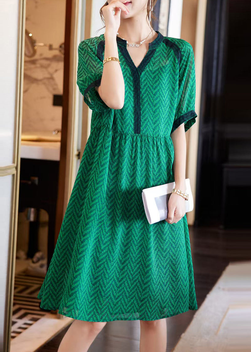 Green V Neck Print Chiffon Holiday Dress Summer