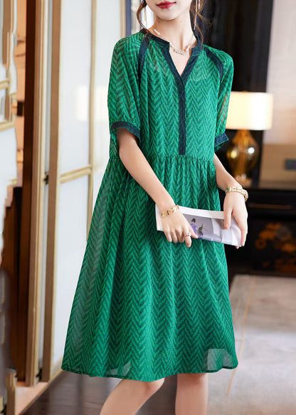 Green V Neck Print Chiffon Holiday Dress Summer