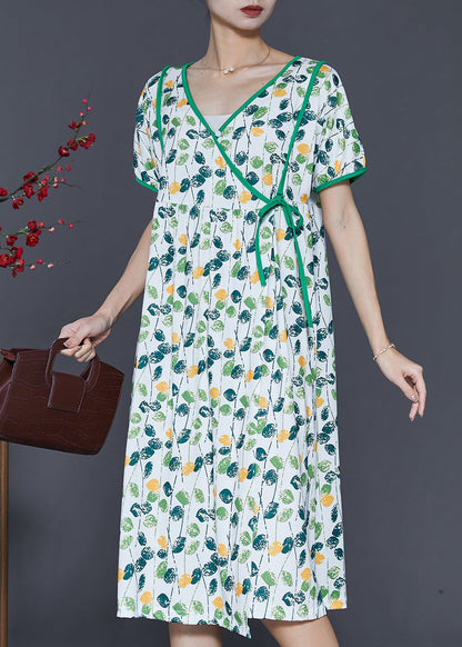 Green V Neck Print Cotton Dresses Summer