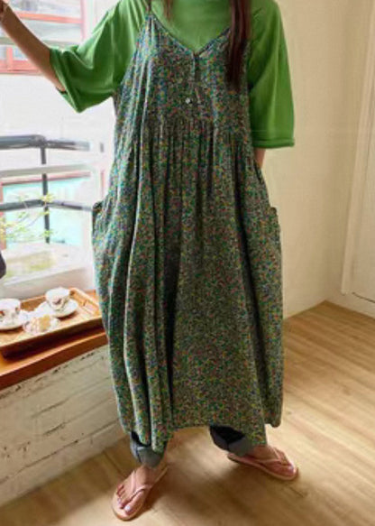 Green V Neck Print Pockets Cotton Tank Dress Sleeveless