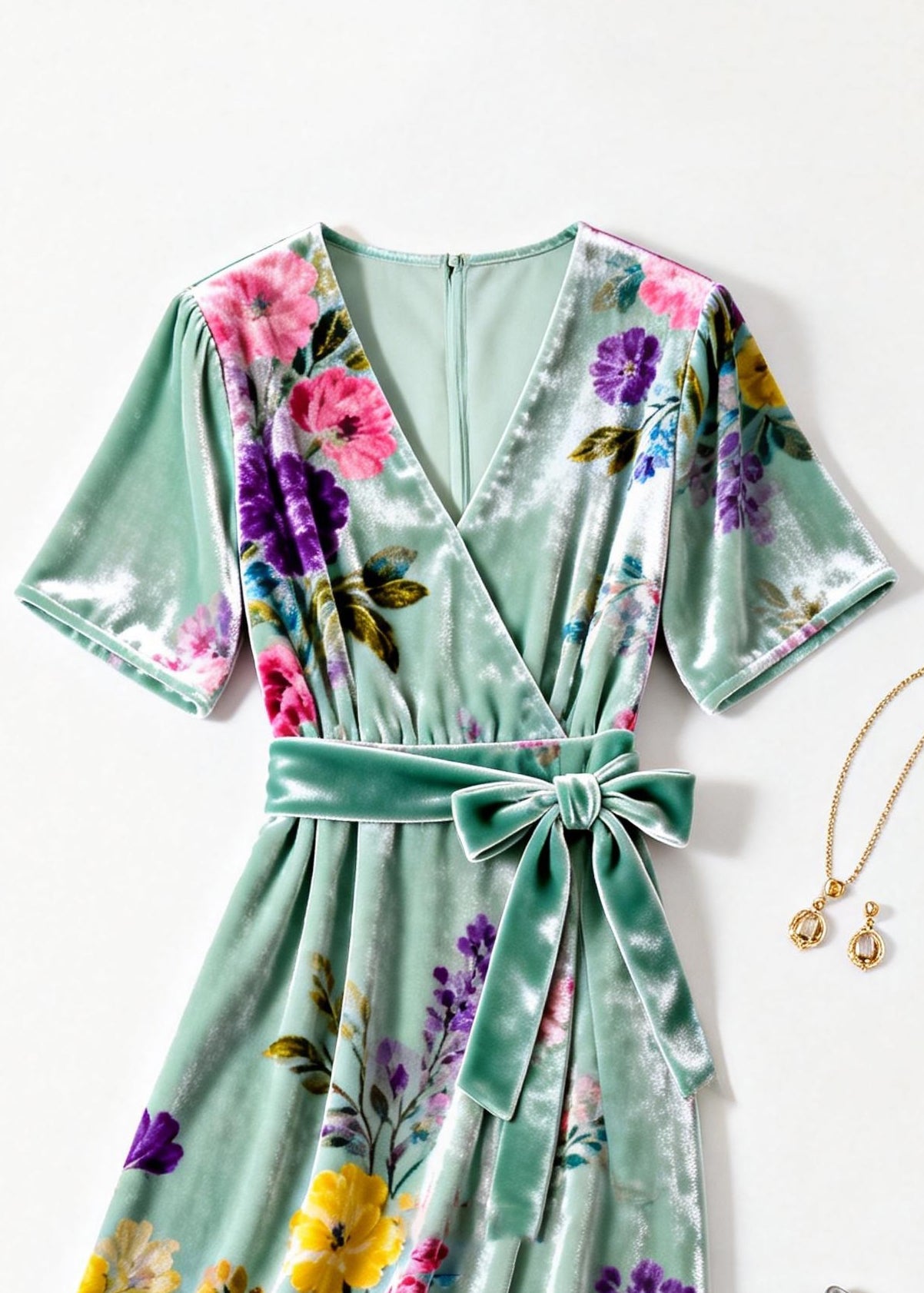 Green V Neck Print Tie Waist Silk Velvet Dresses Summer