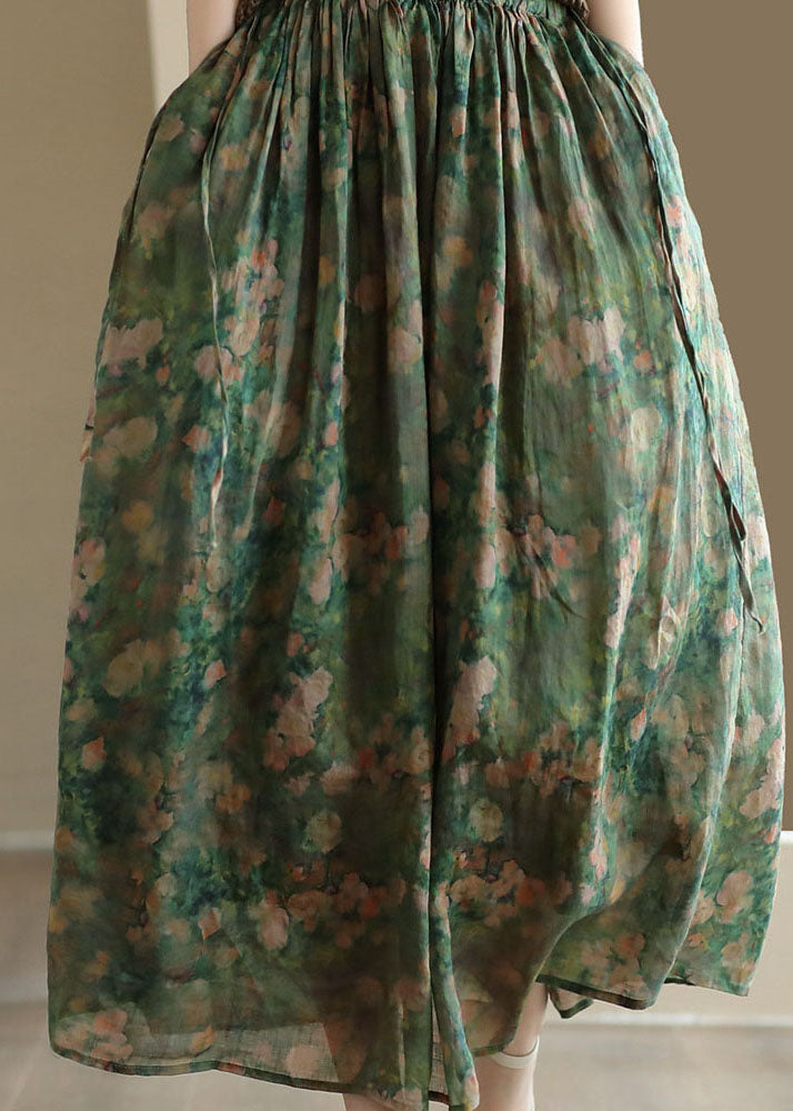 Green Wrinkled Pockets Patchwork Linen Skirts Summer