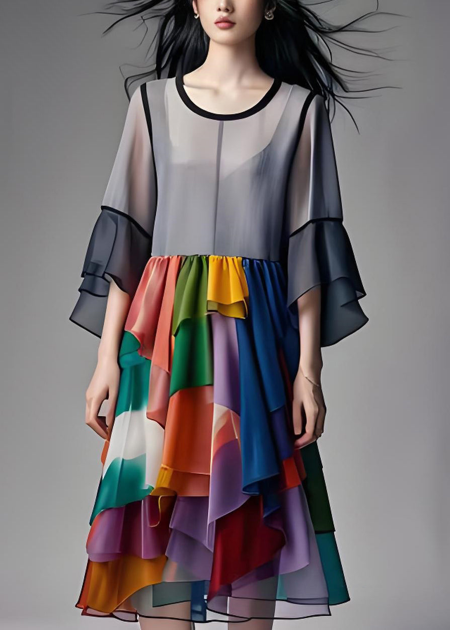 Grey Asymmetrical Design Wrinkled Patchwork Chiffon Dresses Summer