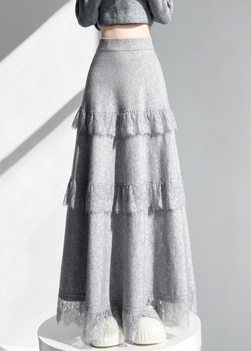 Grey Elastic Waist Lace Patchwork Knit Skirts Winter