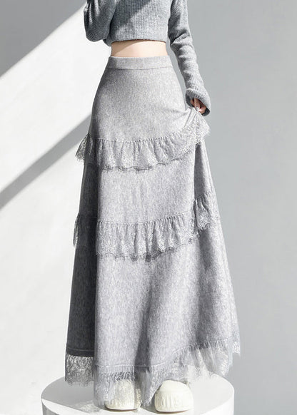 Grey Elastic Waist Lace Patchwork Knit Skirts Winter