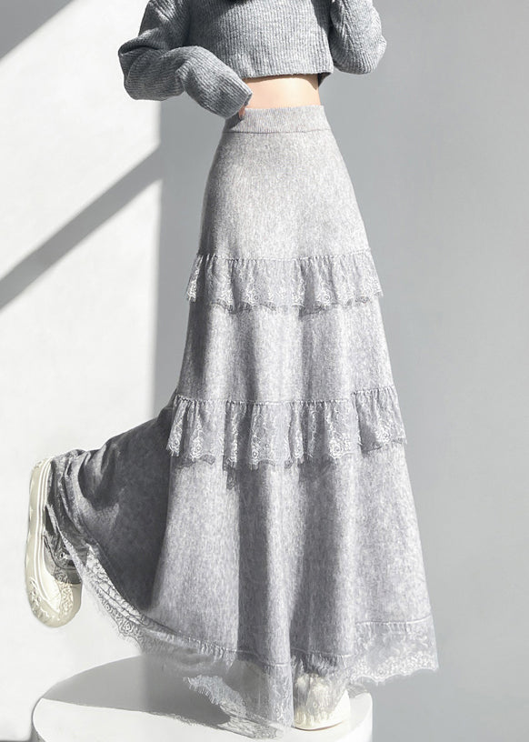 Grey Elastic Waist Lace Patchwork Knit Skirts Winter