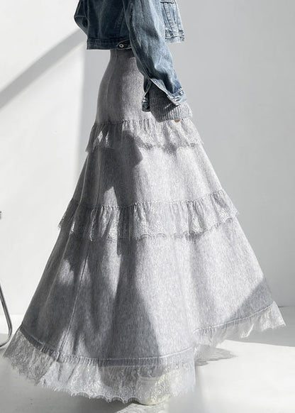 Grey Elastic Waist Lace Patchwork Knit Skirts Winter