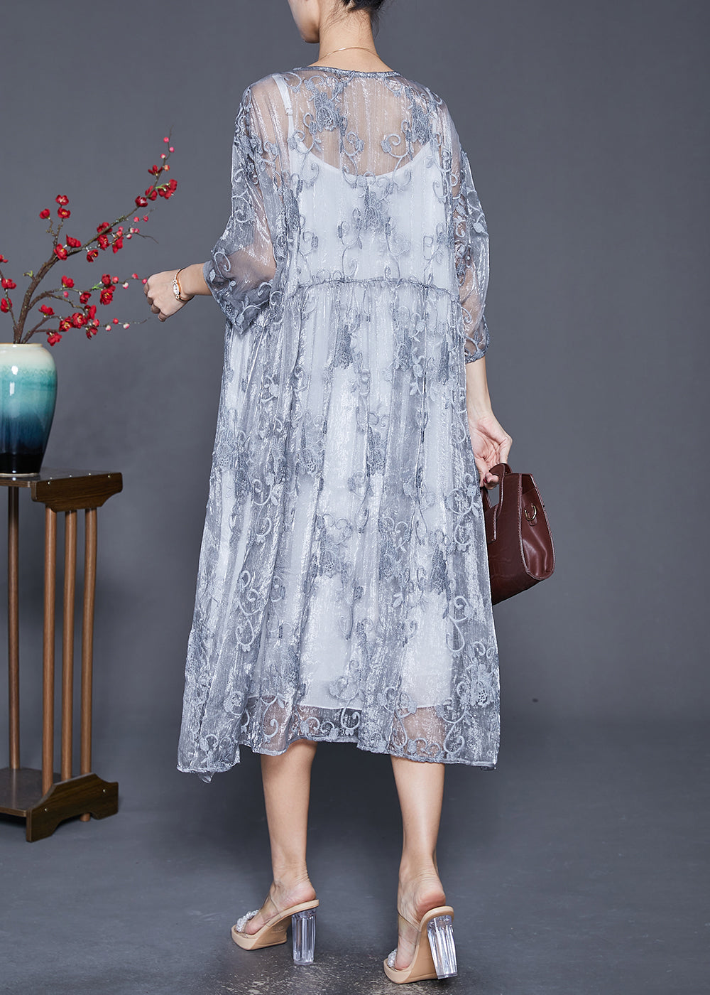 Grey Embroideried Tulle Robe Dresses Two Piece Set Summer