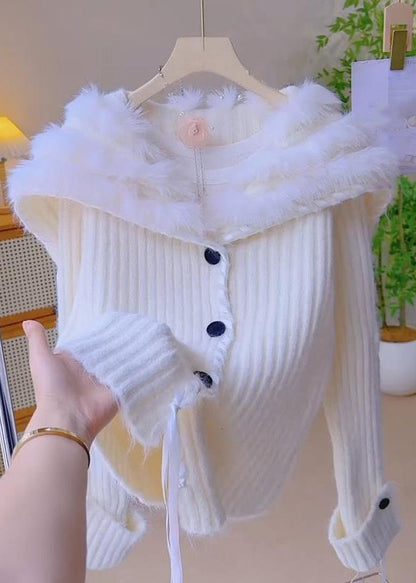 Grey Fox Collar Button Patchwork Knit Coats Winter