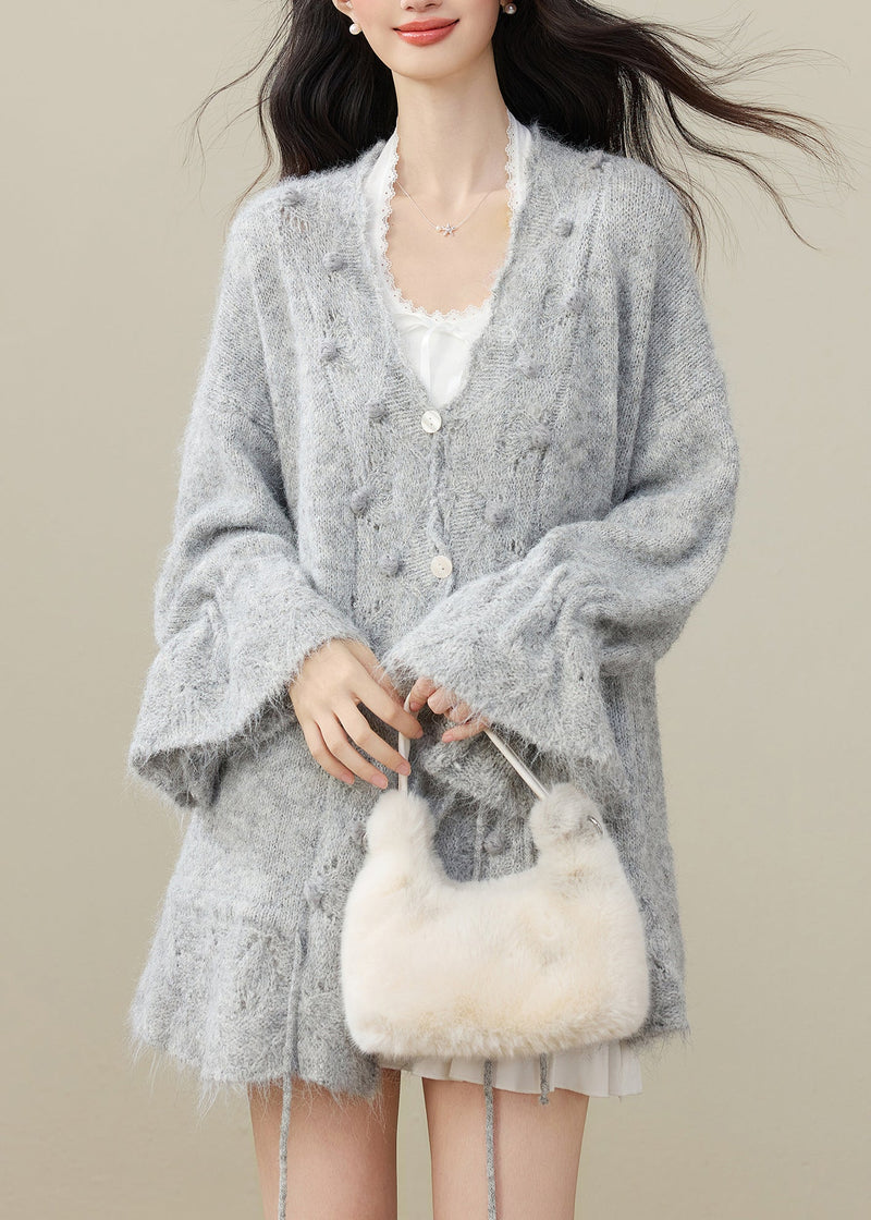 Grey Fuzzy Ball Decorated Drawstring Knit Cardigan Winter
