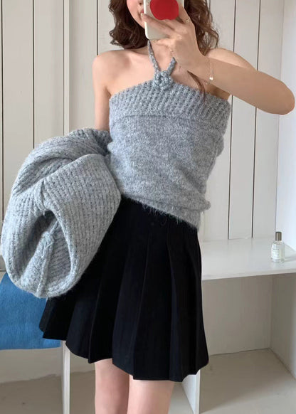 Grey Halter Knit Cardigan Two Pieces Set Winter