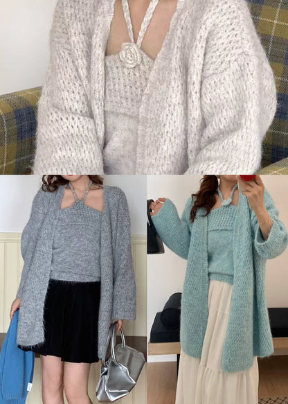 Grey Halter Knit Cardigan Two Pieces Set Winter