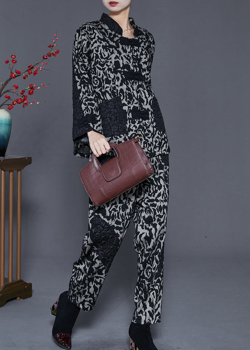Grey Jacquard Patchwork Cotton Oriental Two Pieces Set Spring