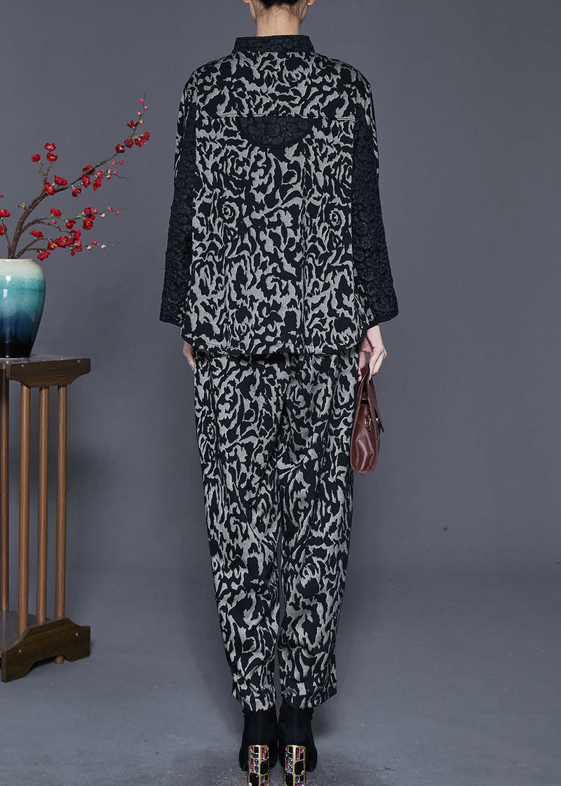 Grey Jacquard Patchwork Cotton Oriental Two Pieces Set Spring