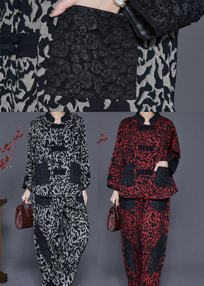 Grey Jacquard Patchwork Cotton Oriental Two Pieces Set Spring