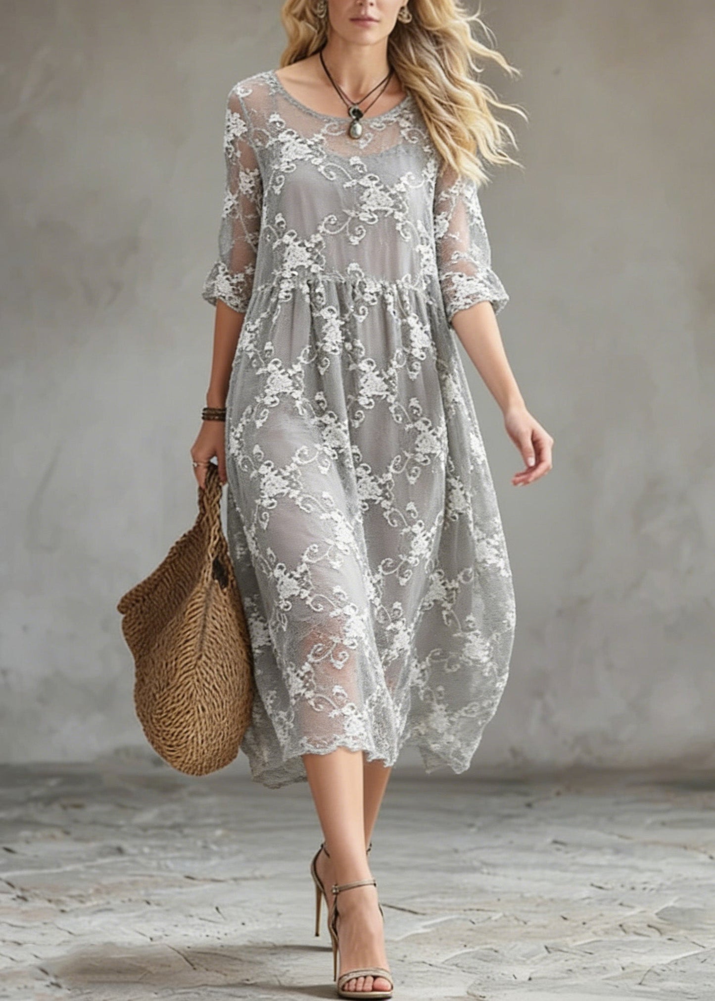 Grey O-neck Embroidered Silk Cotton Dress Summer