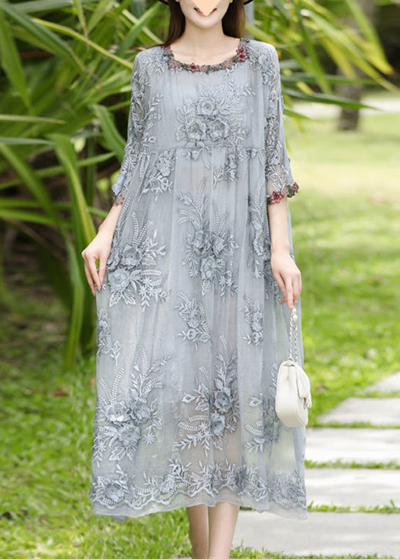 Grey O-neck Embroidered Silk Long Dresses Bracelet Sleeve