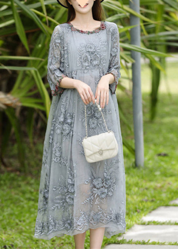 Grey O-neck Embroidered Silk Long Dresses Bracelet Sleeve