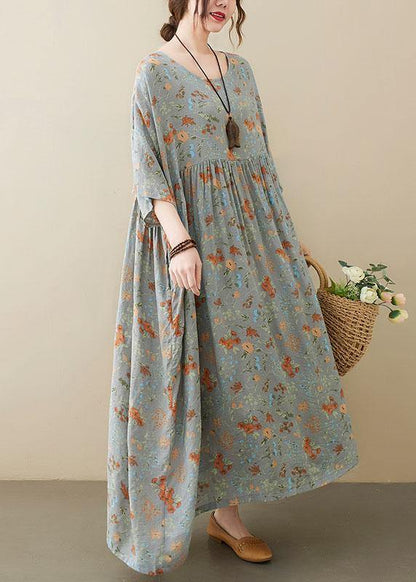 Grey O-neck Patchwork Print Half Sleeve Summer Long Dress