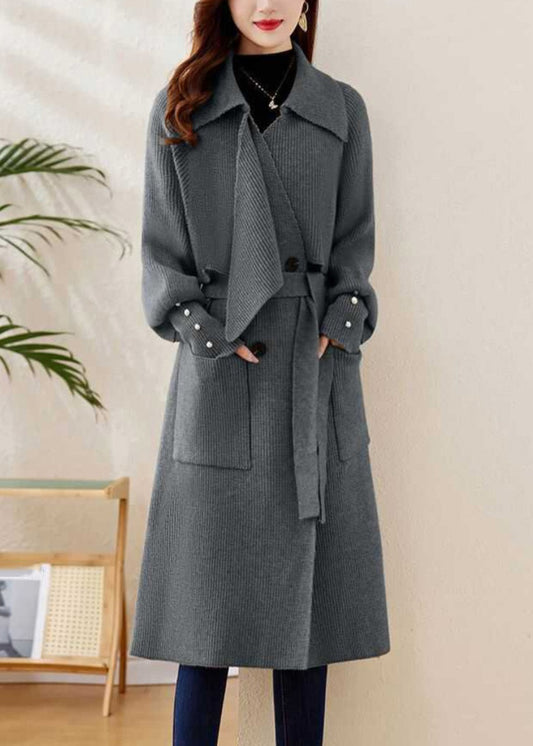 Grey Peter Pan Collar Tie Waist Knit Coats Spring