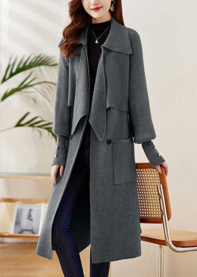 Grey Peter Pan Collar Tie Waist Knit Coats Spring