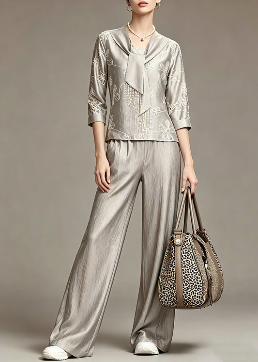 Grey Print Top and Wide Leg Pants Two Piece Set Spring
