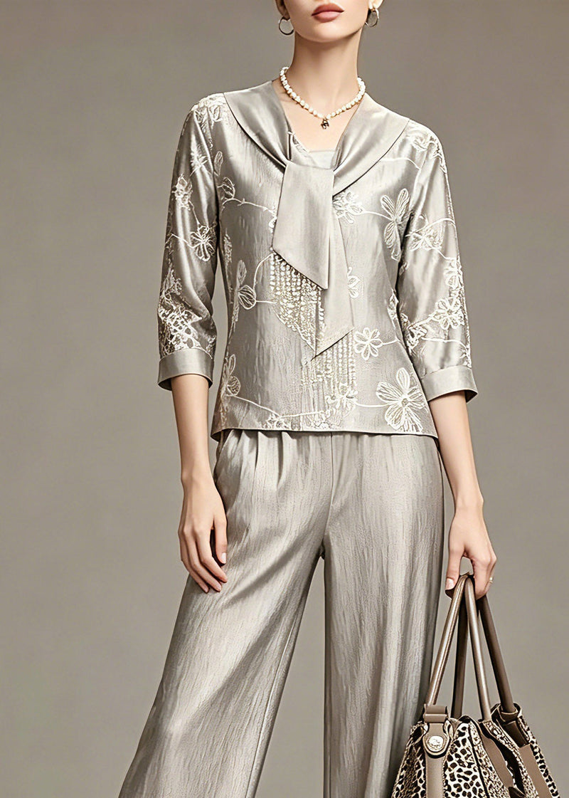 Grey Print Top and Wide Leg Pants Two Piece Set Spring