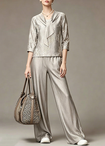 Grey Print Top and Wide Leg Pants Two Piece Set Spring