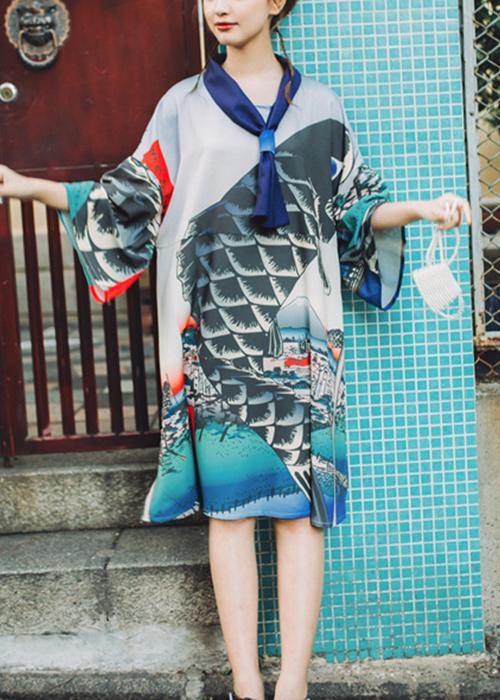 Grey Print V Neck Summer Animal Long Dress Half Sleeve
