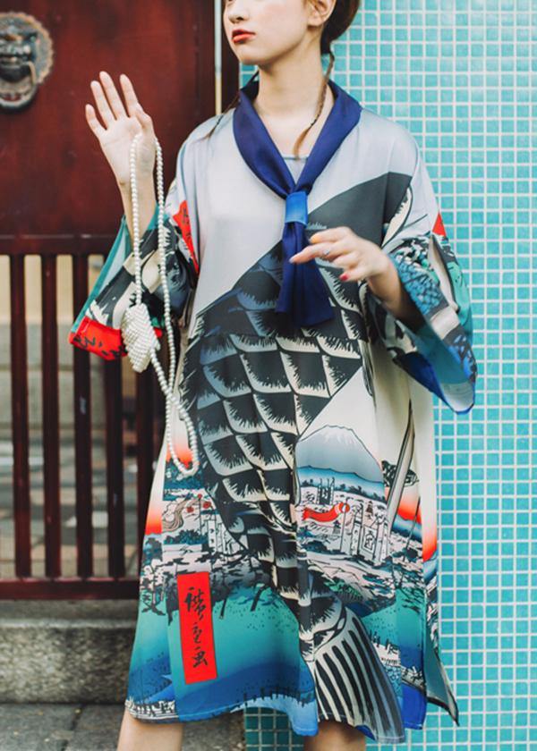 Grey Print V Neck Summer Animal Long Dress Half Sleeve