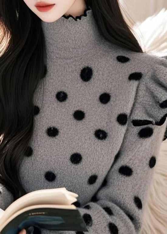 Grey Ruffled Patchwork Knitted Sweaters Tops Spring