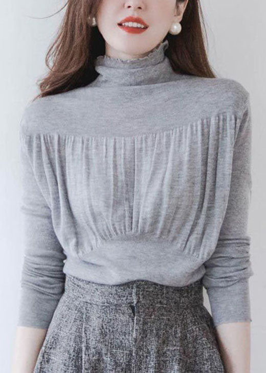 Grey Stand Collar Ruffled Brief Fall Knitted Top