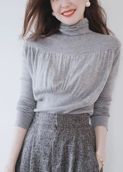 Grey Stand Collar Ruffled Brief Fall Knitted Top