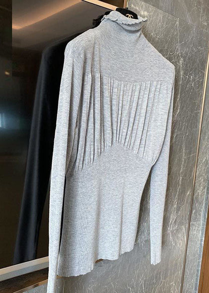 Grey Stand Collar Ruffled Brief Fall Knitted Top
