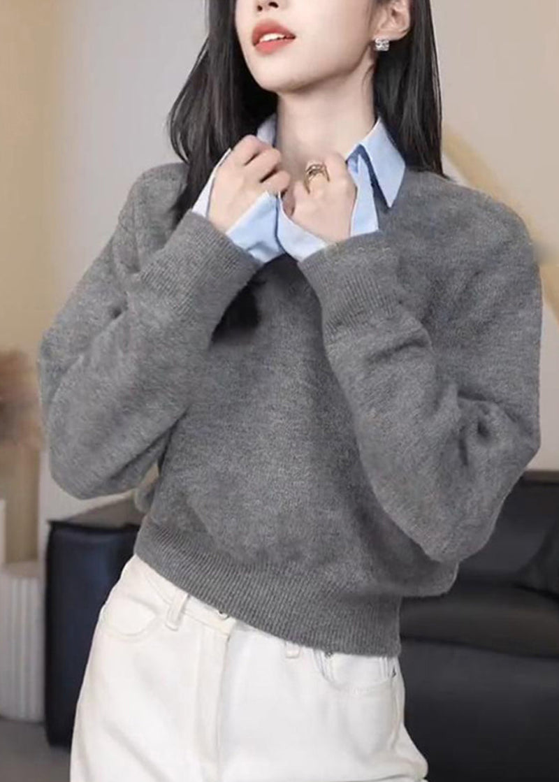 Grey Thick Patchwork Knit Fake Two Piece Sweater Winter